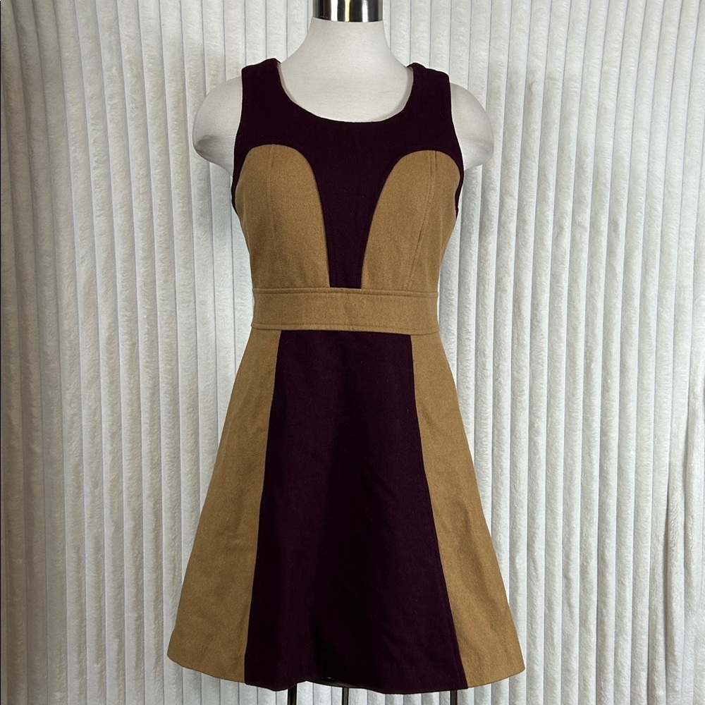Alice Moon tan burgundy wool blend sleeveless fit flare dress sz M